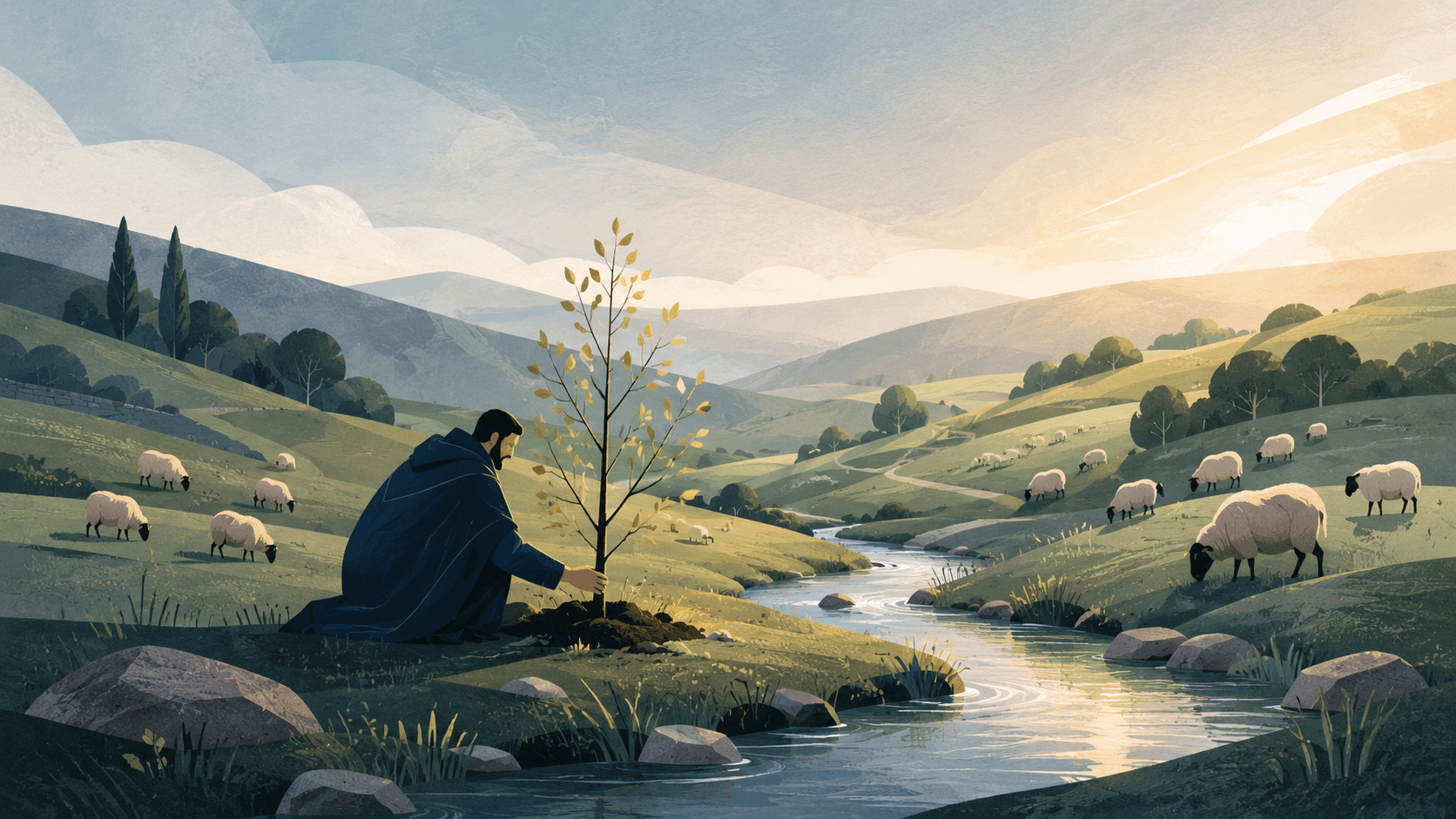 A shepherd tending a young tree taking root beside a stream, the flock flourishing on the green hills around it
