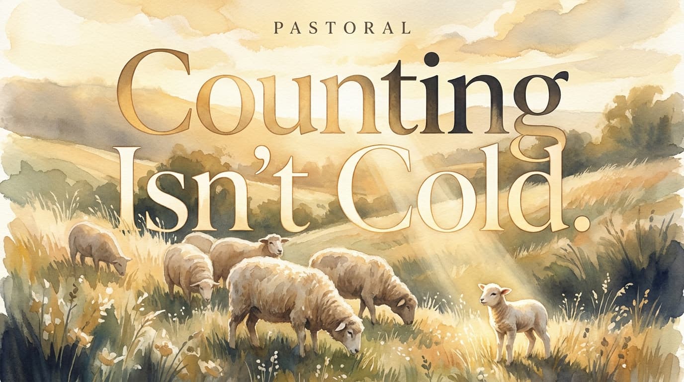Warm watercolor meadow at golden hour with a grazing flock and one lamb standing apart in the light — the Pastoral series cover titled Counting Isn't Cold.