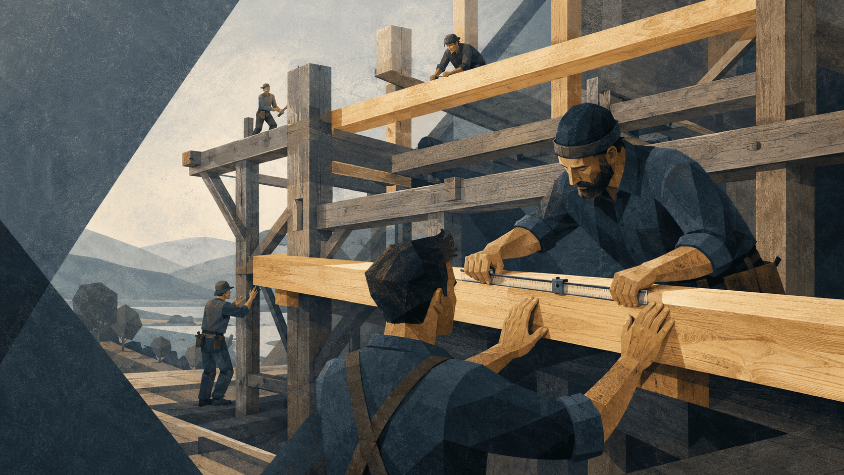 A timber frame under construction, more beams being added as more hands join