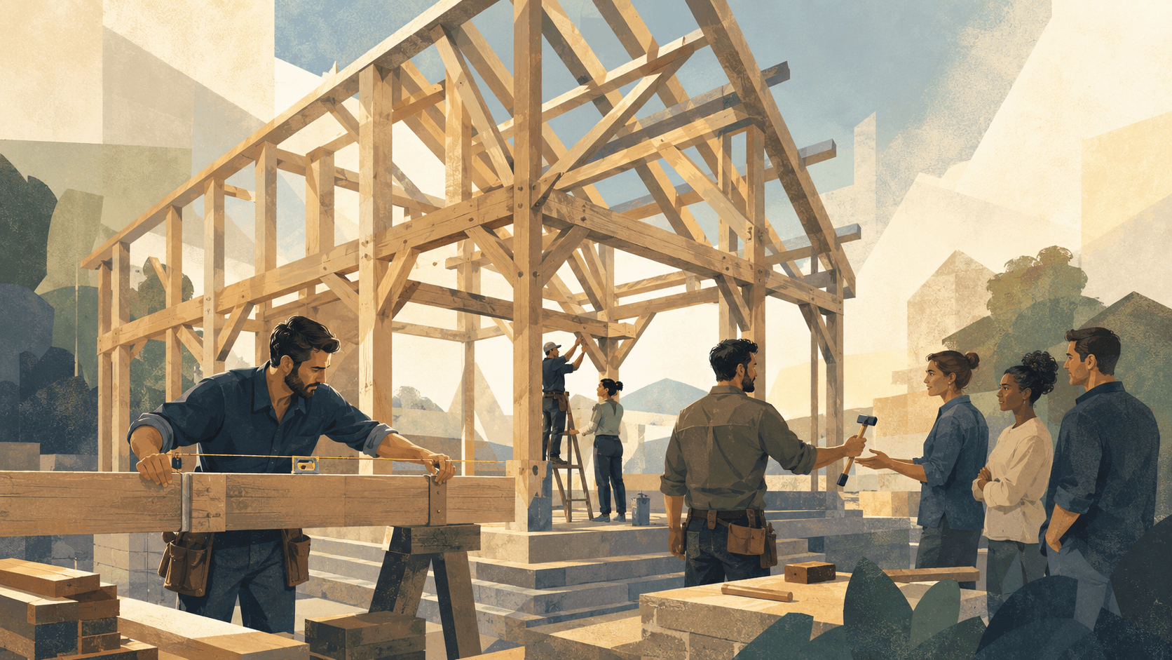 A large timber frame nearly complete, with the last few beams being set by hand